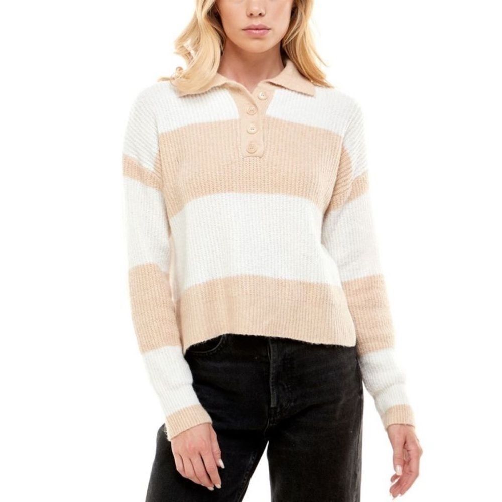 Ultra Flirt Juniors Striped Rugby Sweater,Smoke Grey Stripe,large